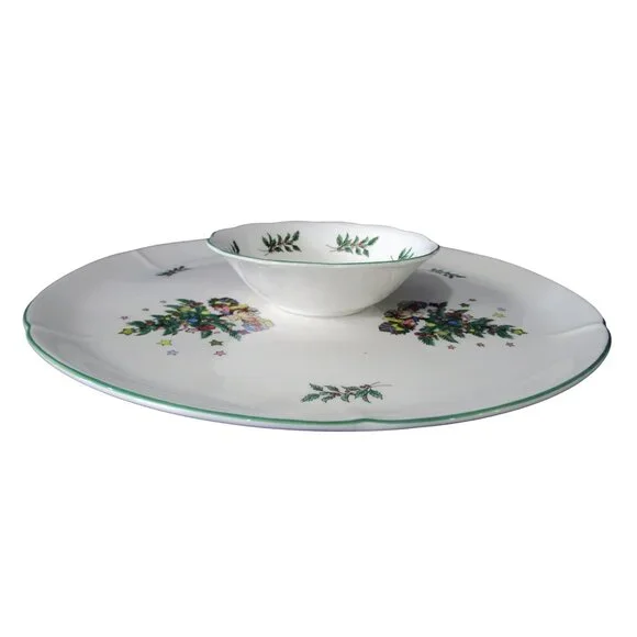 Chip and Dip Tray Happy Holidays Christmas Vintage Tree Pattern Nikko Japan - Picture 3 of 13